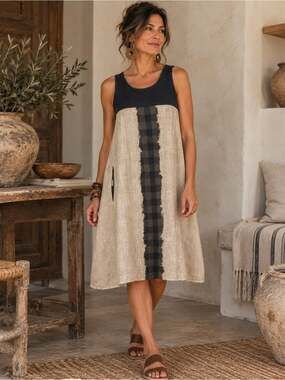Artisan Beige Black Linen Cotton Gingham Lined Midi Dress Lagenlook Boho Artsy